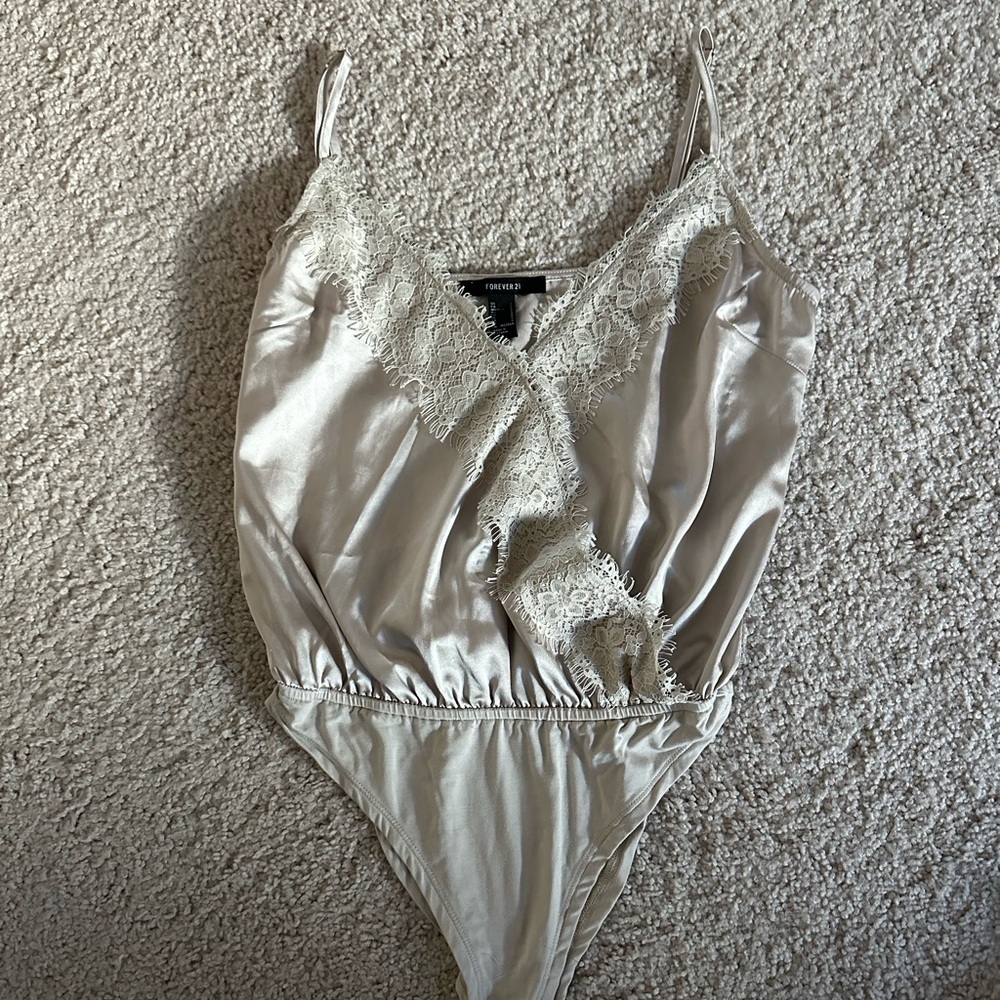 Forever 21 Cream Lace Trim Bodysuit